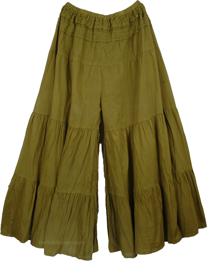 Bohemian Green Gaucho Pant Skirts, Henna Green Skort Palazzo Skirt