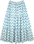 Summer Cotton Maxi Full Long Skirt in White with Blue Print