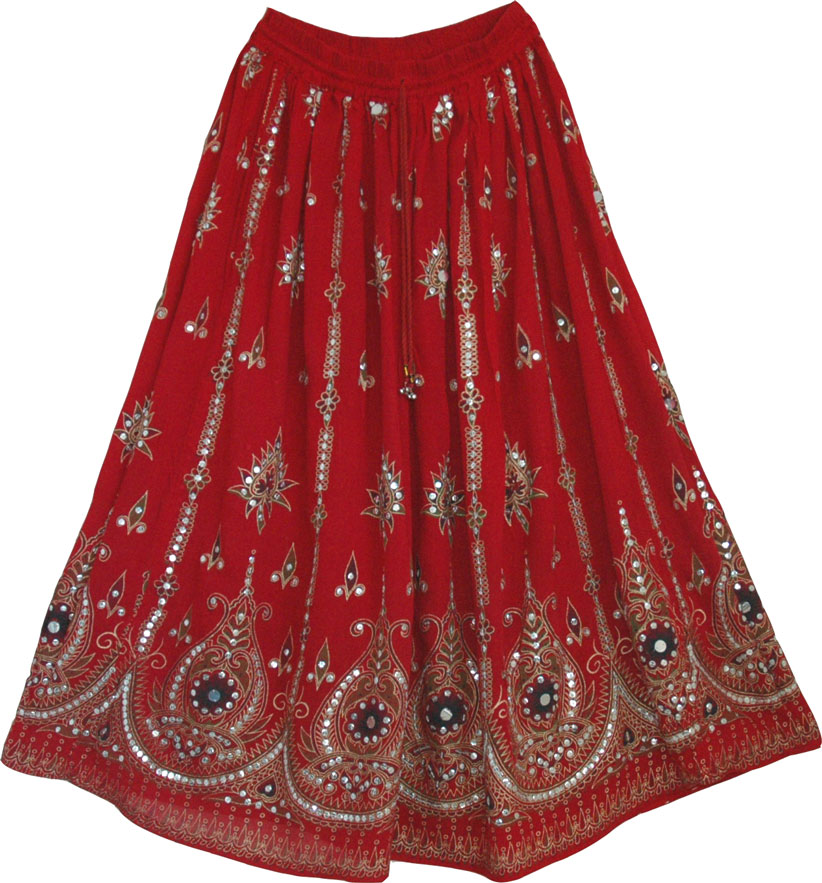 Sequined cotton long lady skirt in red, Tamarillo Sequin Long Skirt