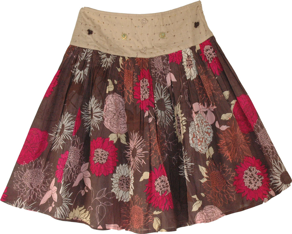 Cotton Floral Short Skirt, Black Floral Cotton Short Skirt