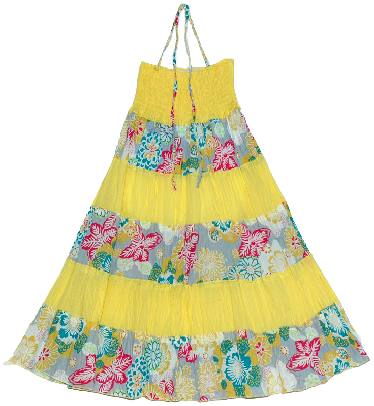 Striped Yellow Floral long skirt, Hot Yellow Striped Maxi Dress Smock Skirt
