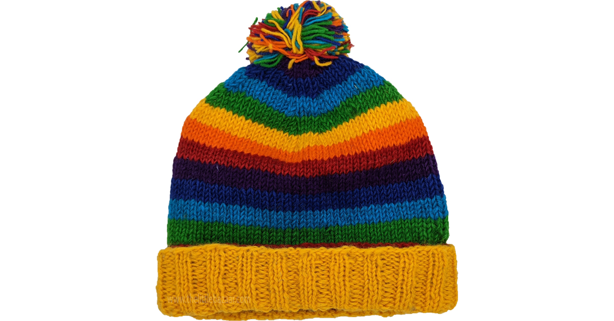 Yellow Rainbow Beanie Hand Knit Woolen Hat, Accessories, Multicoloured