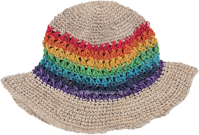 Handwoven Cap with Metal Wire on Rim , Rainbow Burst Hemp Sun Hat