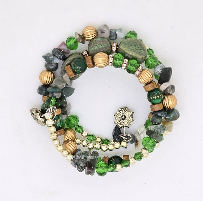 Green Galaxy Beaded Spiral Wrap Bracelet