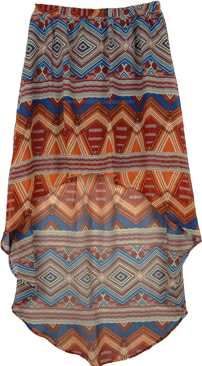 Colorful Summer Uneven Skirt, Geo Print Hi Low Skirt