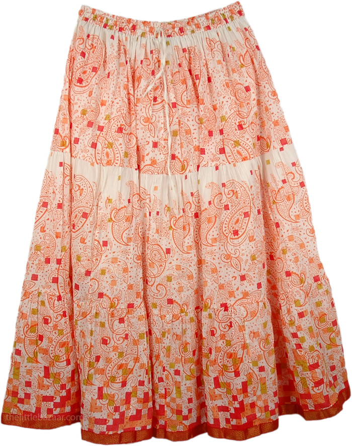 Paisley Print On White Skirt, Carmine Bright Easy Wear Long Skirt