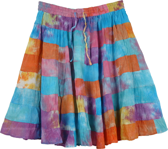 Eight Tiered Flexible Waist Short Skirt, Rainbow Multi Color Patchwork Short Skirt