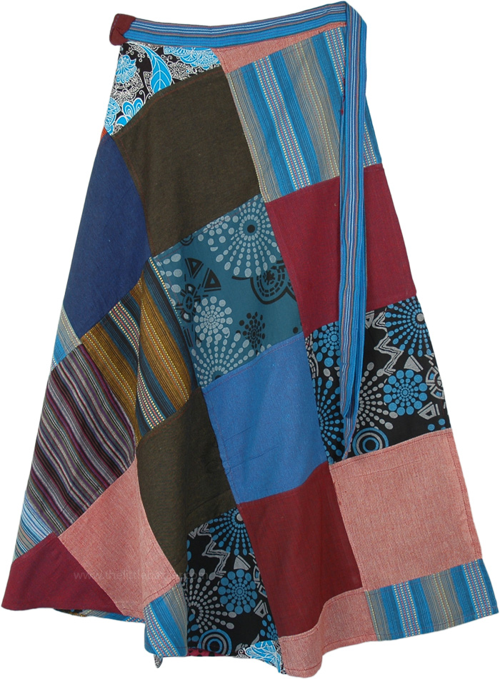 Mixed Patchwork Wrap Around Skirt, Plus Mixed Patchwork Wrap Around Cotton Skirt