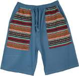 Blue Boho Woven Pockets Long Shorts in Cotton