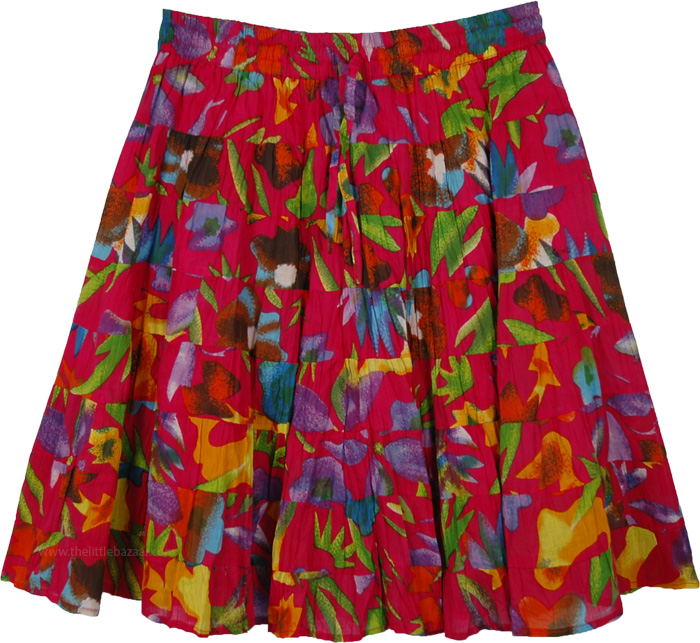 Deep Pink Short Flared Skirt with Floral Patchwork, Crimson Red Hip Hop Short Flared Skirt with Floral Tiers