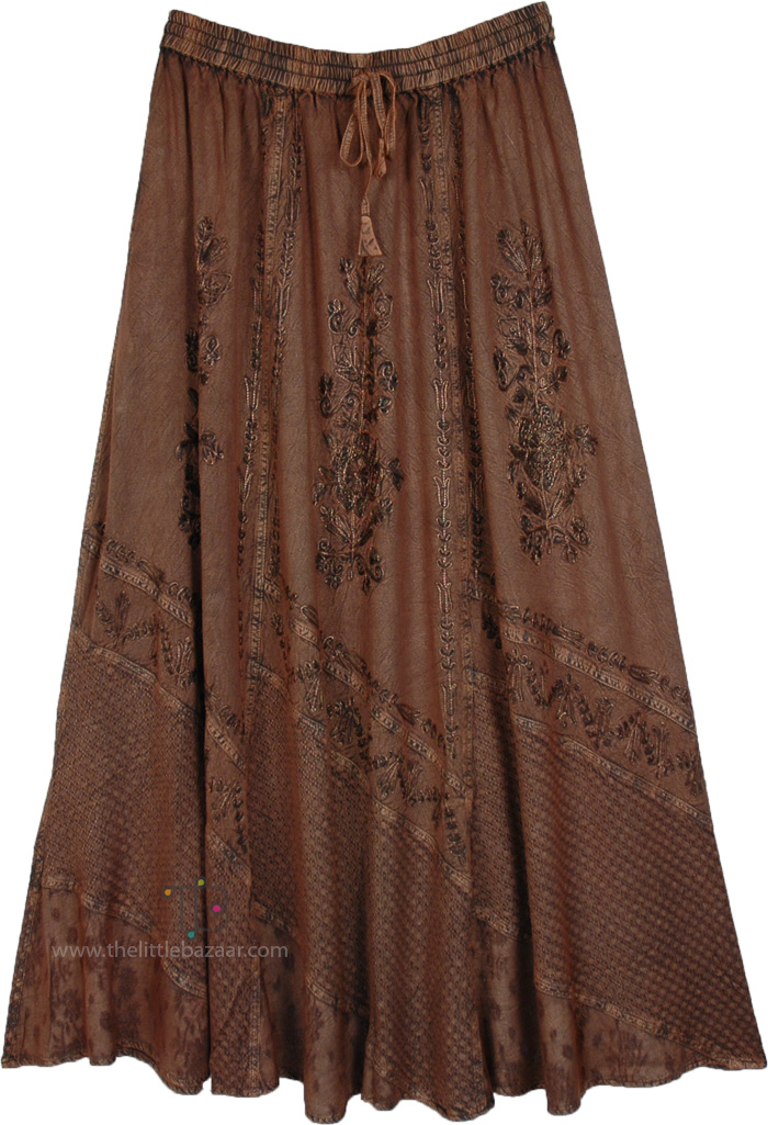 Western Style Brown Renfaire Skirt with Embroidery, Walnut Bay Brown Flowy Maxi Skirt