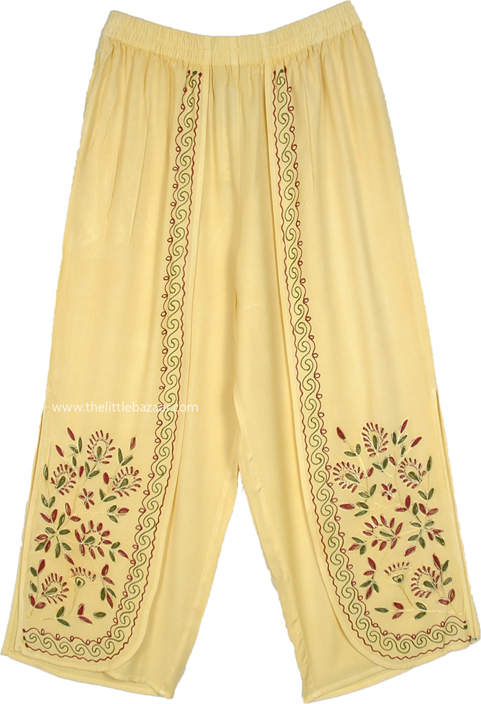 Sunny Yellow Boho Embroidered Slit Pants