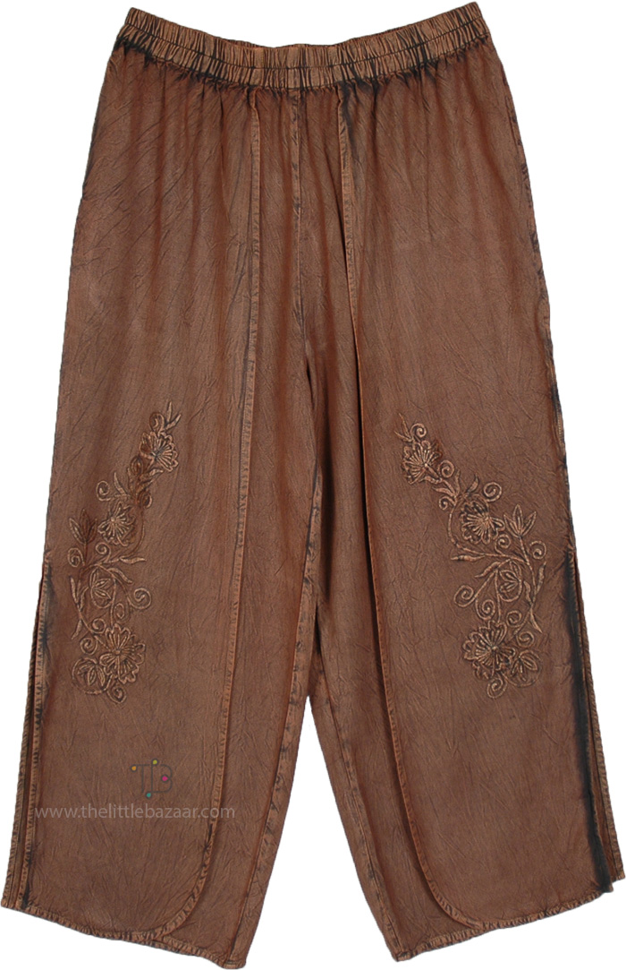 Brown Curls Boho Embroidered Slit Pants