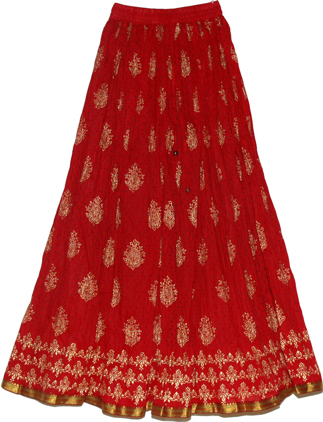 Red Long Skirt in Cotton Crinkle