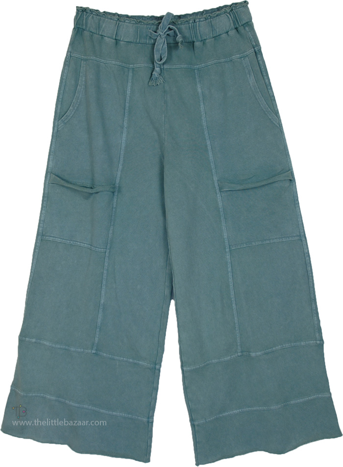 Teal Green Terry Knit Pants with Cargo Pockets