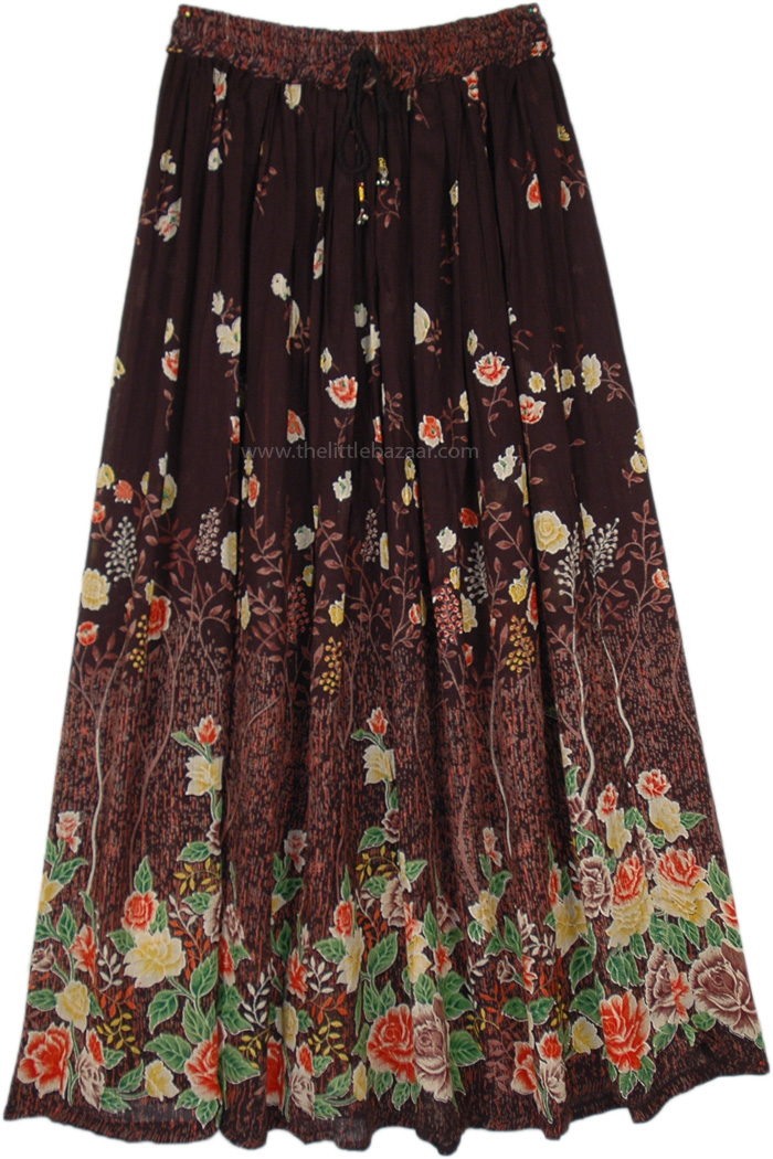 Bright Flowers Choco Rayon Long Skirt