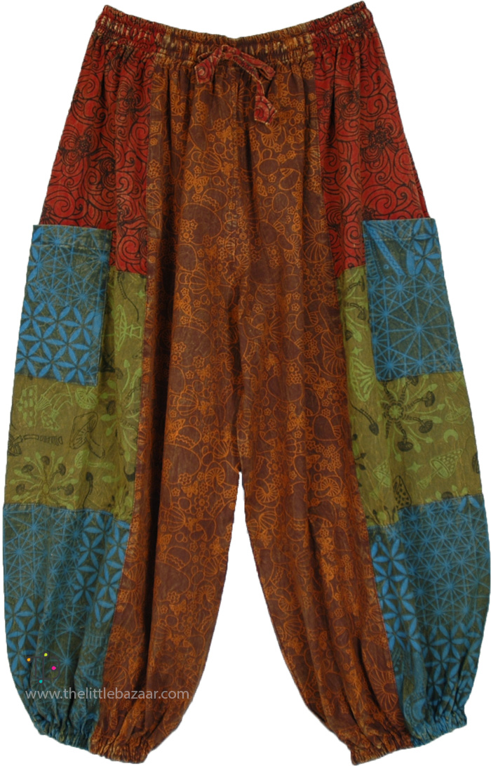 Mushroom Patchwork Petite Boho Cotton Harem Pants