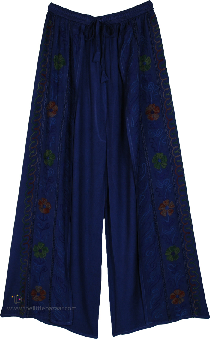 Boho Chic Summer Split Pants in Rayon , Sapphire Blue Overlap Front Slit Pants