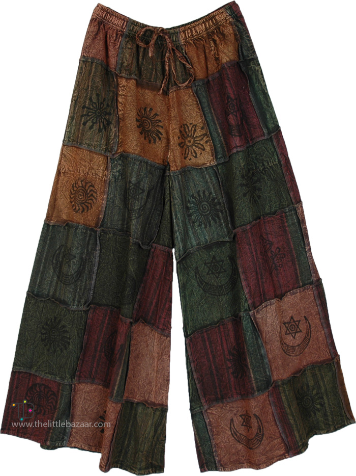 Boho Chic Cotton Trousers with Patchwork , Celestial Patchwork Earthy Boho Pants Wide Leg Pants