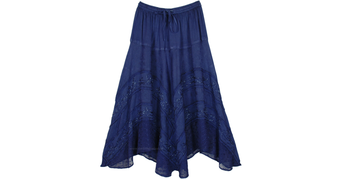 Dark Blue Renaissance Long Skirt with Glitter Embroidery | Blue ...