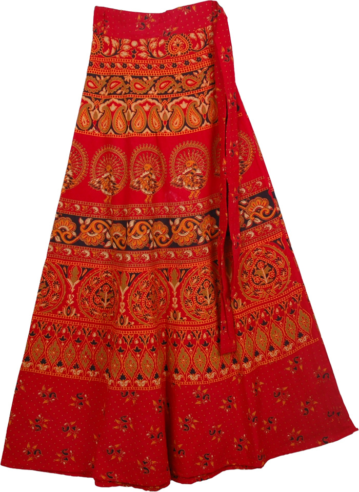 Monza Red Ethnic Long Wrap Skirt | Wrap-Around-Skirt