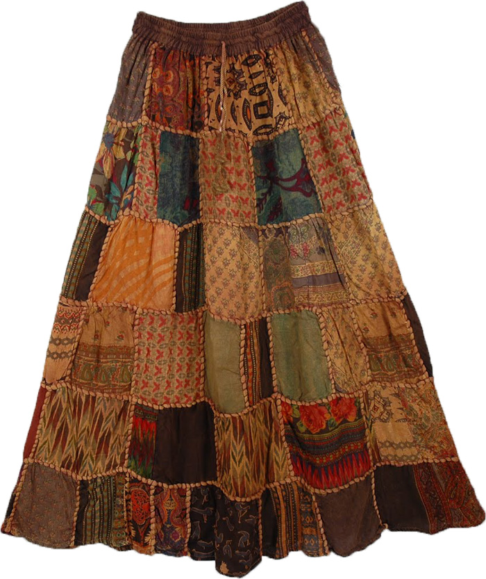 Ethnic Embroidery Brown Patchwork Skirt , Paarl Panel Boho Skirt