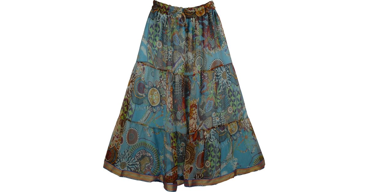 Chiffon Coral Long Skirt | Blue | Printed