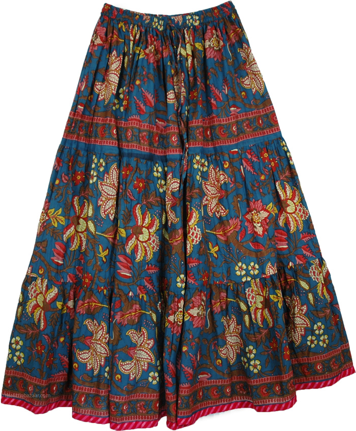 Spring Floral Print Cotton Full Skirt | Blue | Printed,