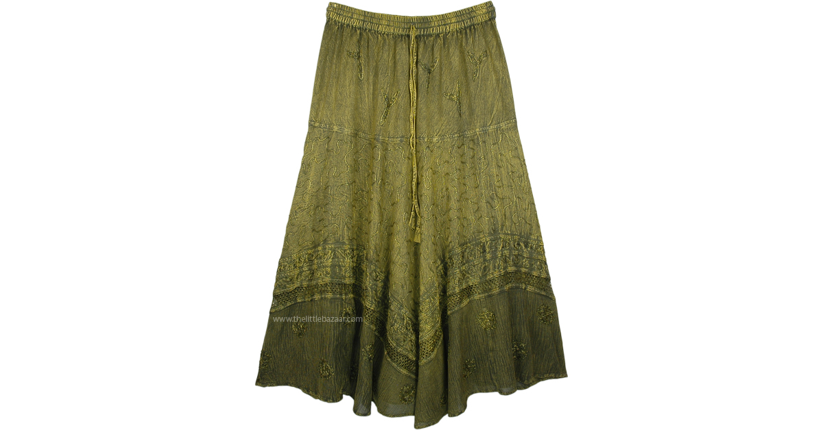 Stonewashed Limed Oak Western Skirt with Embroidery | Green | Patchwork ...