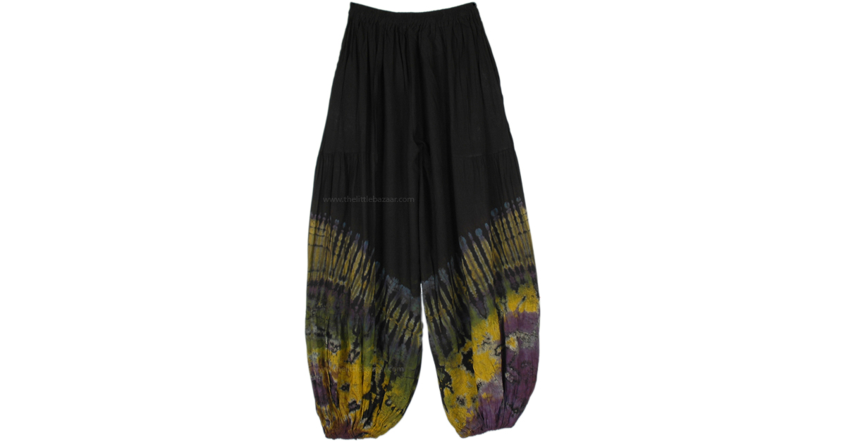 Blue Flames Black Tie Dye Harem Trousers | Black | Split-Skirts-Pants ...