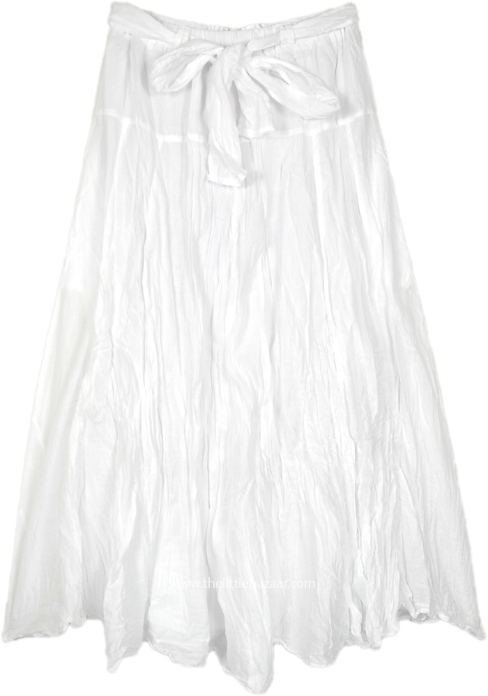 White Tiered Midi Cotton Skirt, Cotton Voile Belt Tie Breezy White Skirt