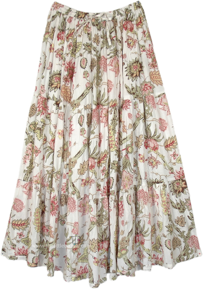 Crinkled Cotton Floral Printed Knee Length Skirt, Garden Party Floral Cotton Maxi Skirt