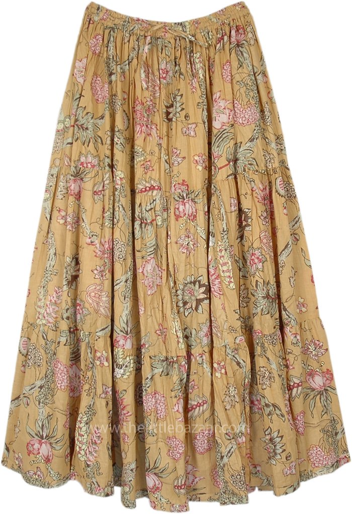 Brown Garden Floral Cotton Maxi Skirt