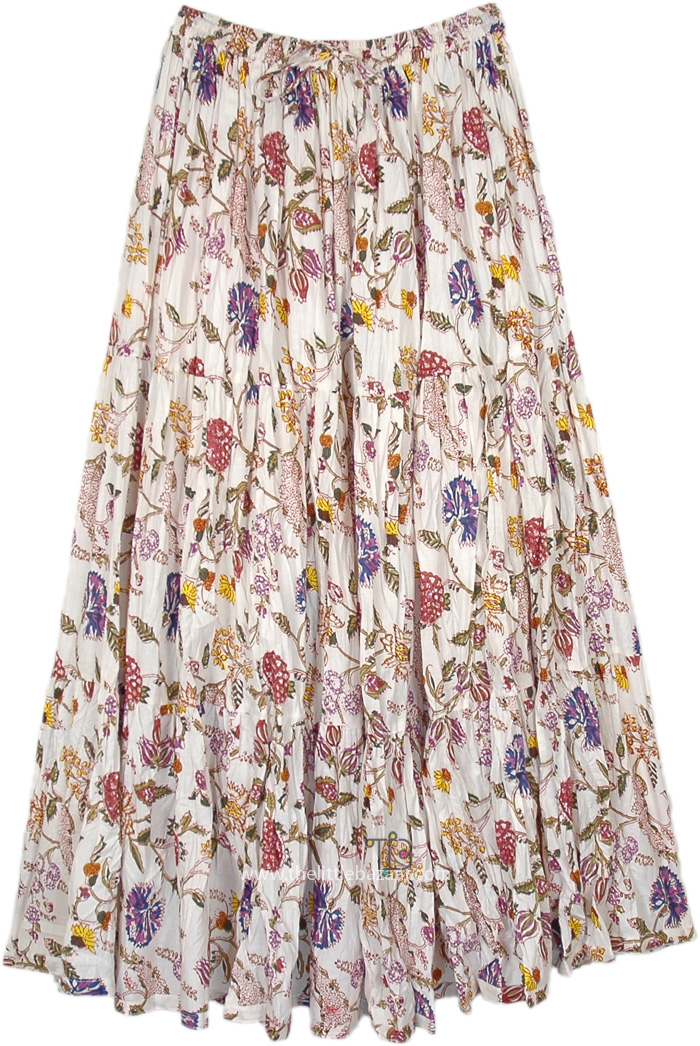 Crinkled Cotton Floral Printed Knee Length Skirt, Botanical Garden Floral Maxi Skirt