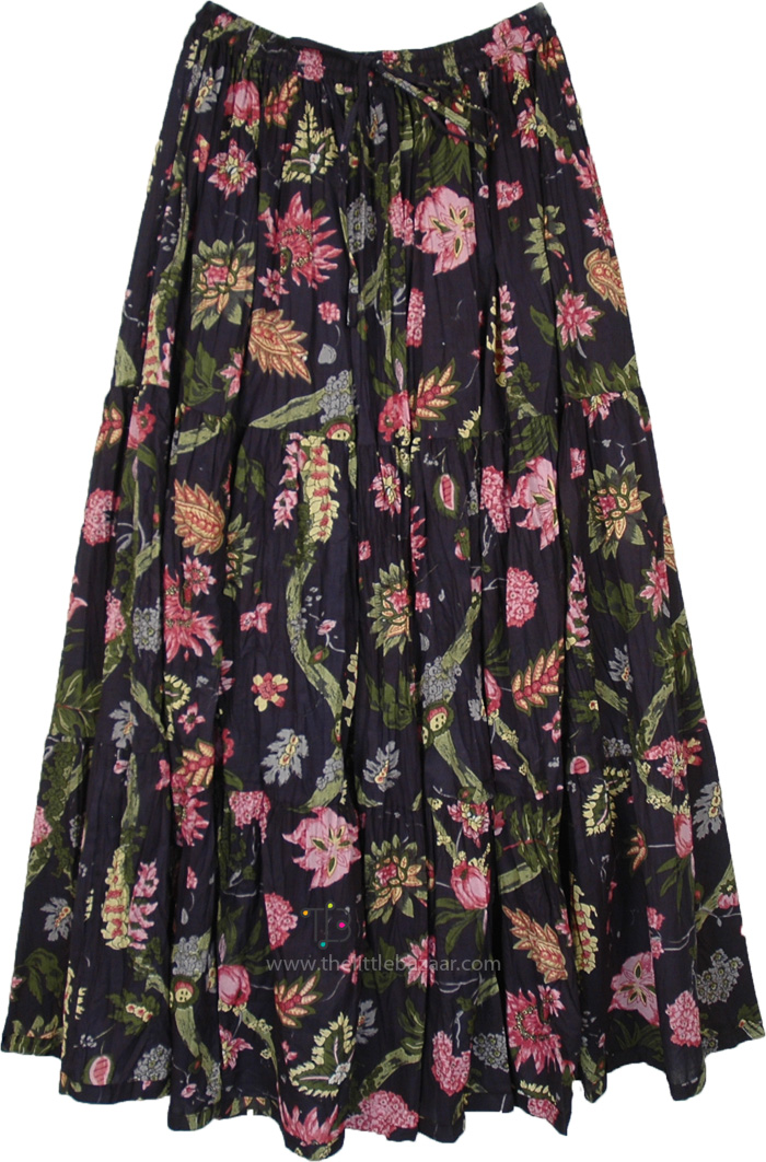 Crinkled Cotton Floral Printed Knee Length Skirt, Navy Blue Blooms Long Cotton Panel Skirt