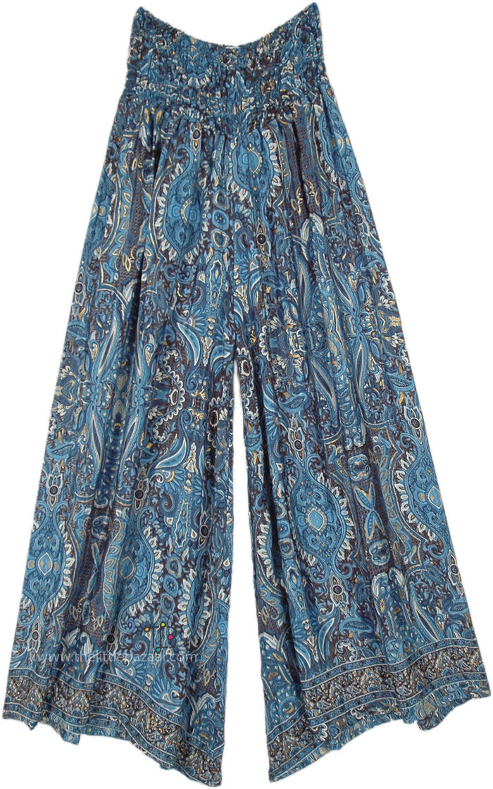 Blue Floral Pants with Flare, Blue Sand Flowy Wide Leg Pants