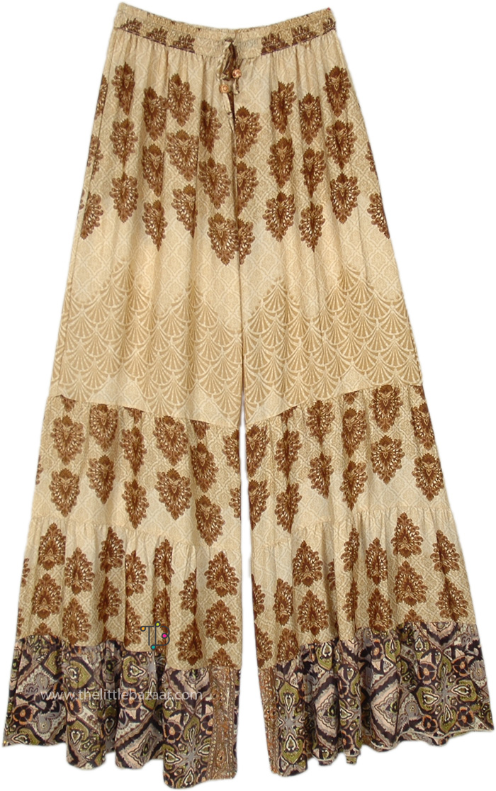 Brown Floral Pants with Flare, Bohemian Earthy Love Wide Leg Pants