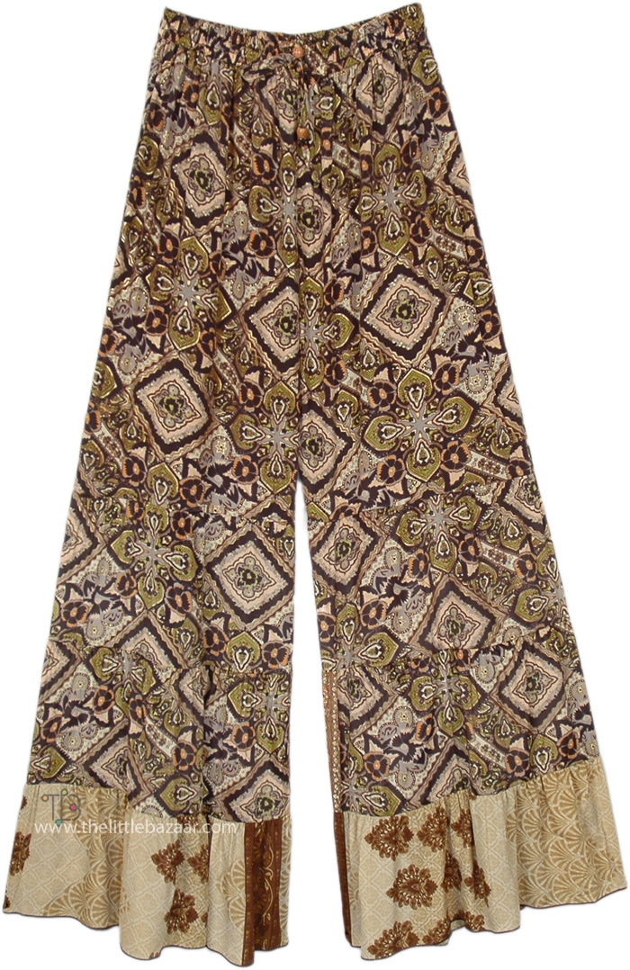 Brown Floral Pants with Flare, Boho Festival Brown Wide Leg Pants