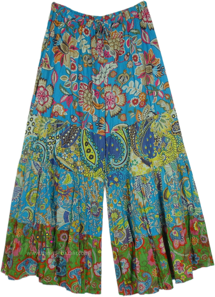 Blue Floral Panels Wide Leg Cotton Pants