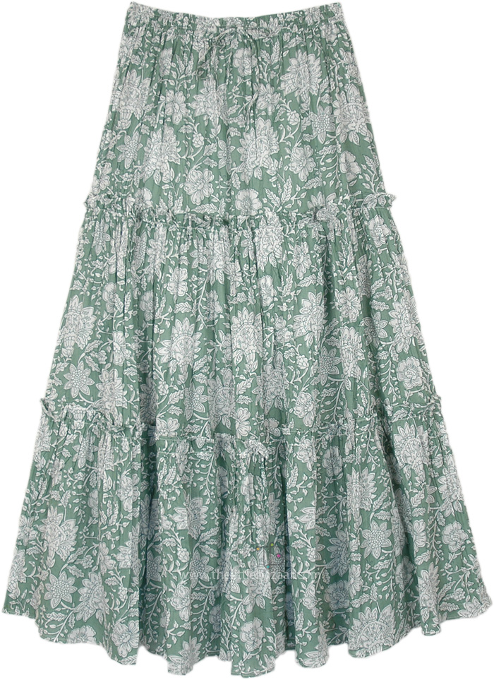 Radish Green Long Cotton Tiered Country Skirt