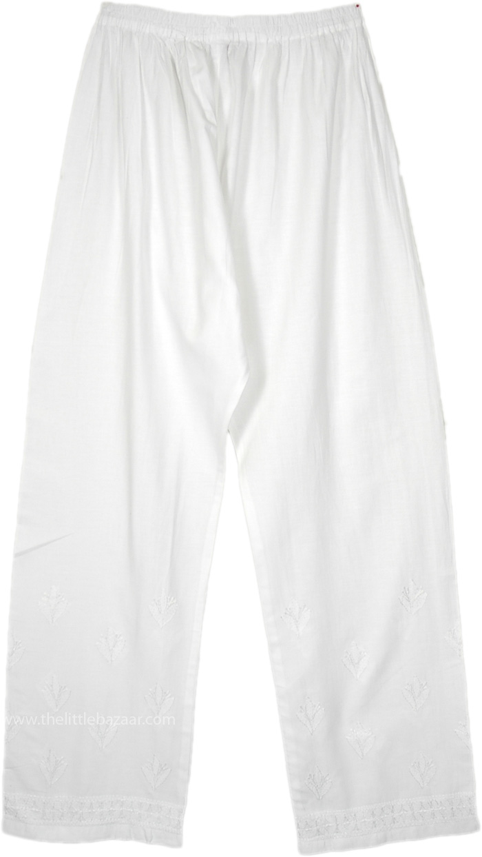 Tall White Fine Pajama Pants with Embroidery