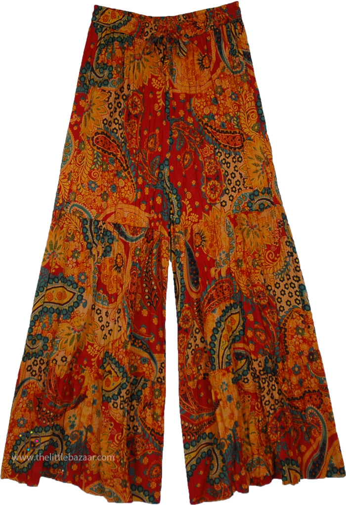 Palazzo Pants with Paisley Prints, Sunset Paisley Tiered Boho Cotton Pants