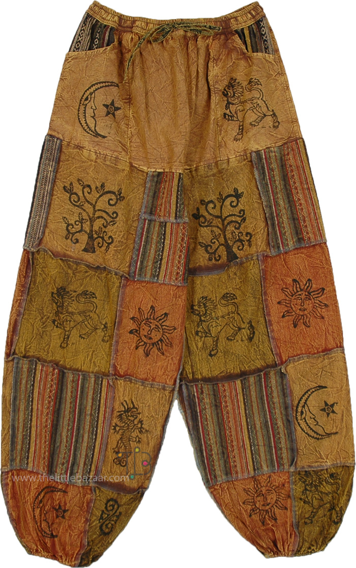 Earthy Patchwork Harem Pants with Celestial Motifs