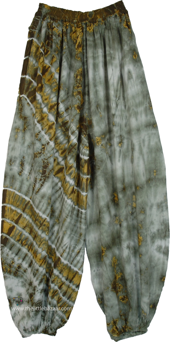 Multicolor Tie Dye Effect Comfortable Rayon Trousers, Mustard and Green Flowy Tie-Dye Elastic Hem Pants