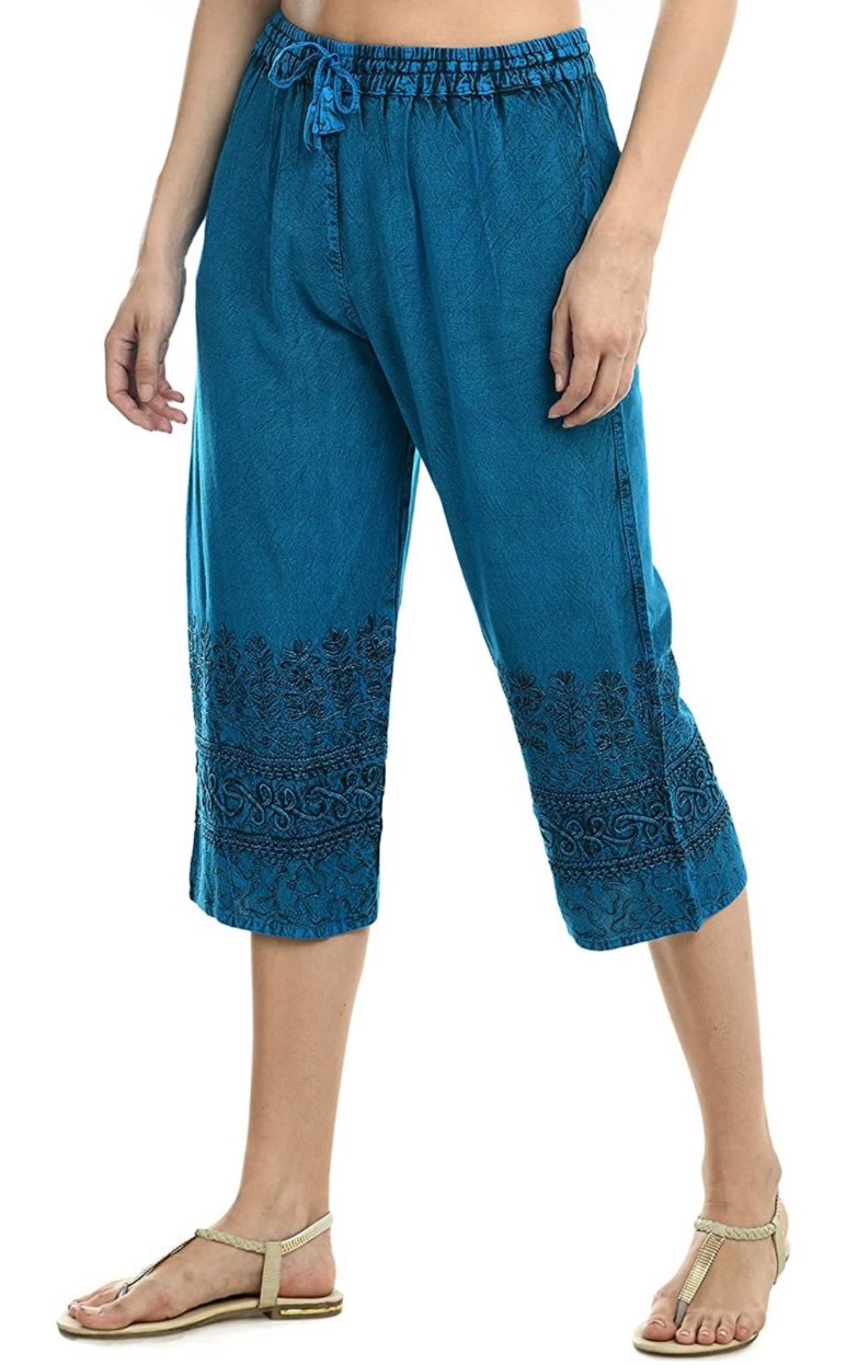 Blue Breeze Embroidered Boho Capri Pants