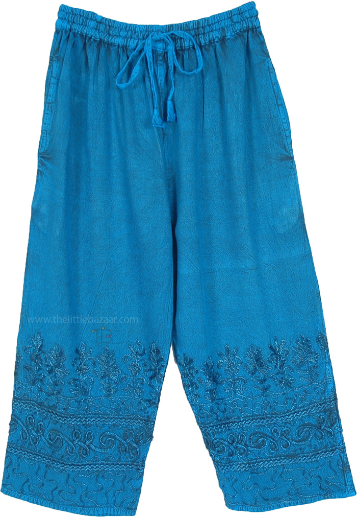 Blue Breeze Embroidered Boho Capri Pants