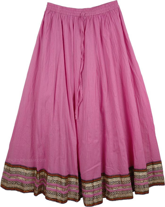 Tapestry Solid Pink Full Skirt, Pink Charm Moroccan Flare Cotton Skirt with Border Trim