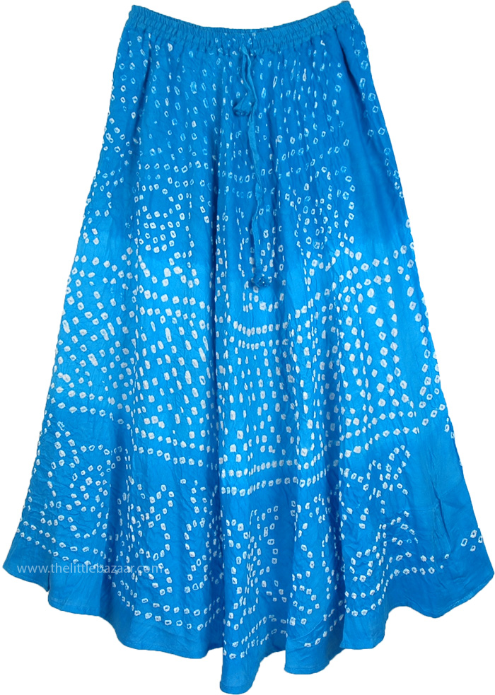 Ethnic Indian Tie Dye Bandhej Handwork Skirt, Sky Blue Summer Tie Dye Cotton Long Skirt