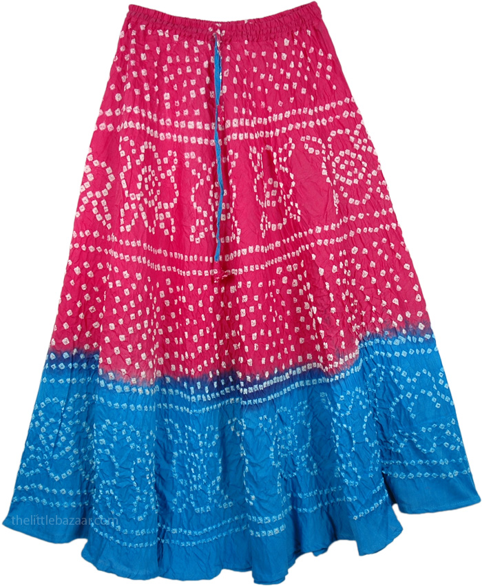 Elastic Waist Bandhani Skirt, Pink Blue Hand Tie Dye Long Cotton Skirt