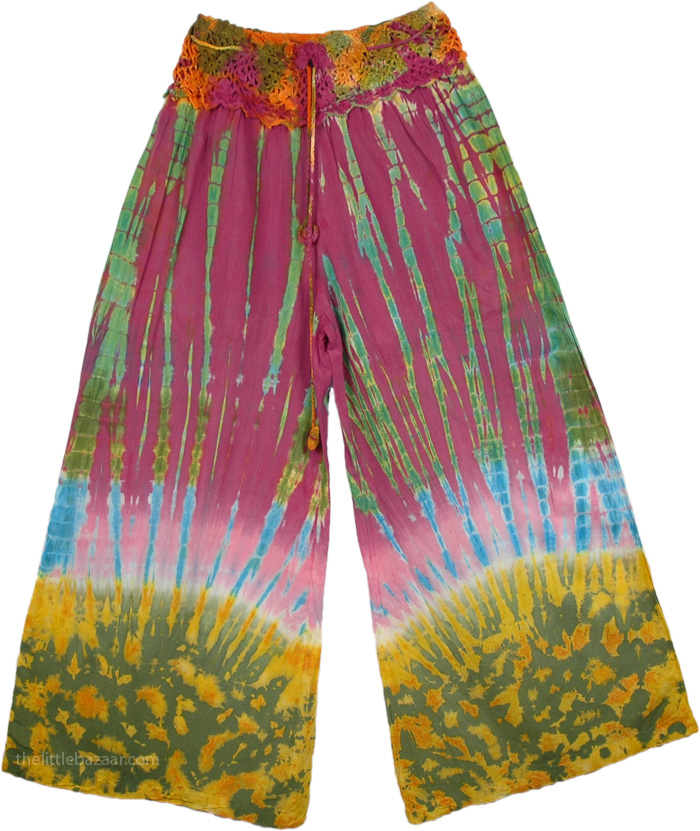 Tie Dye Hippie Pants with Crochet Yoke | Yellow | Split-Skirts-Pants ...